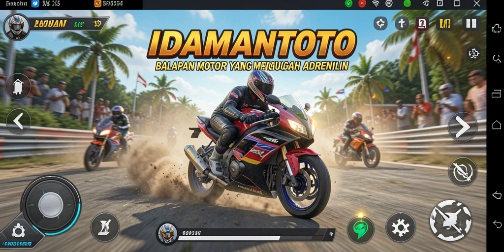 Screenshot utama gameplay balapan motor IDAMANTOTO dengan grafis realistis.