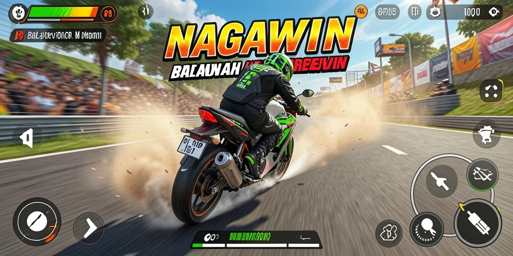 Screenshot NAGAWIN menunjukkan aksi balapan motor yang mendebarkan.