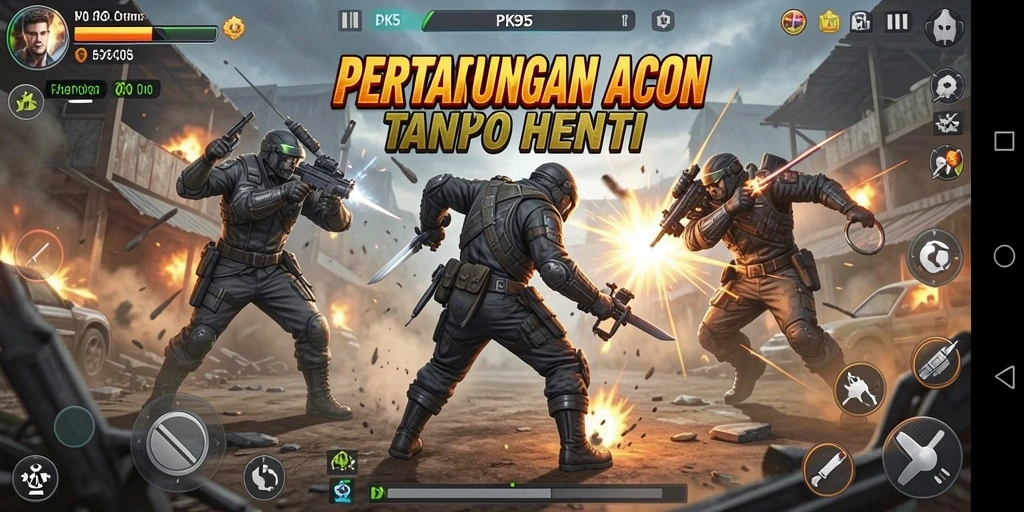 Tangkapan layar utama dari PK95 menampilkan aksi pertarungan yang mendebarkan.